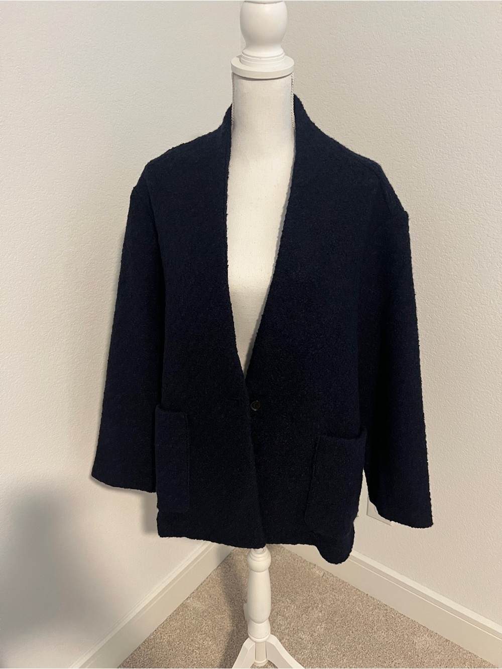 NWT Womens Banana Republic Navy Open-Front Bouclé Jacket -L